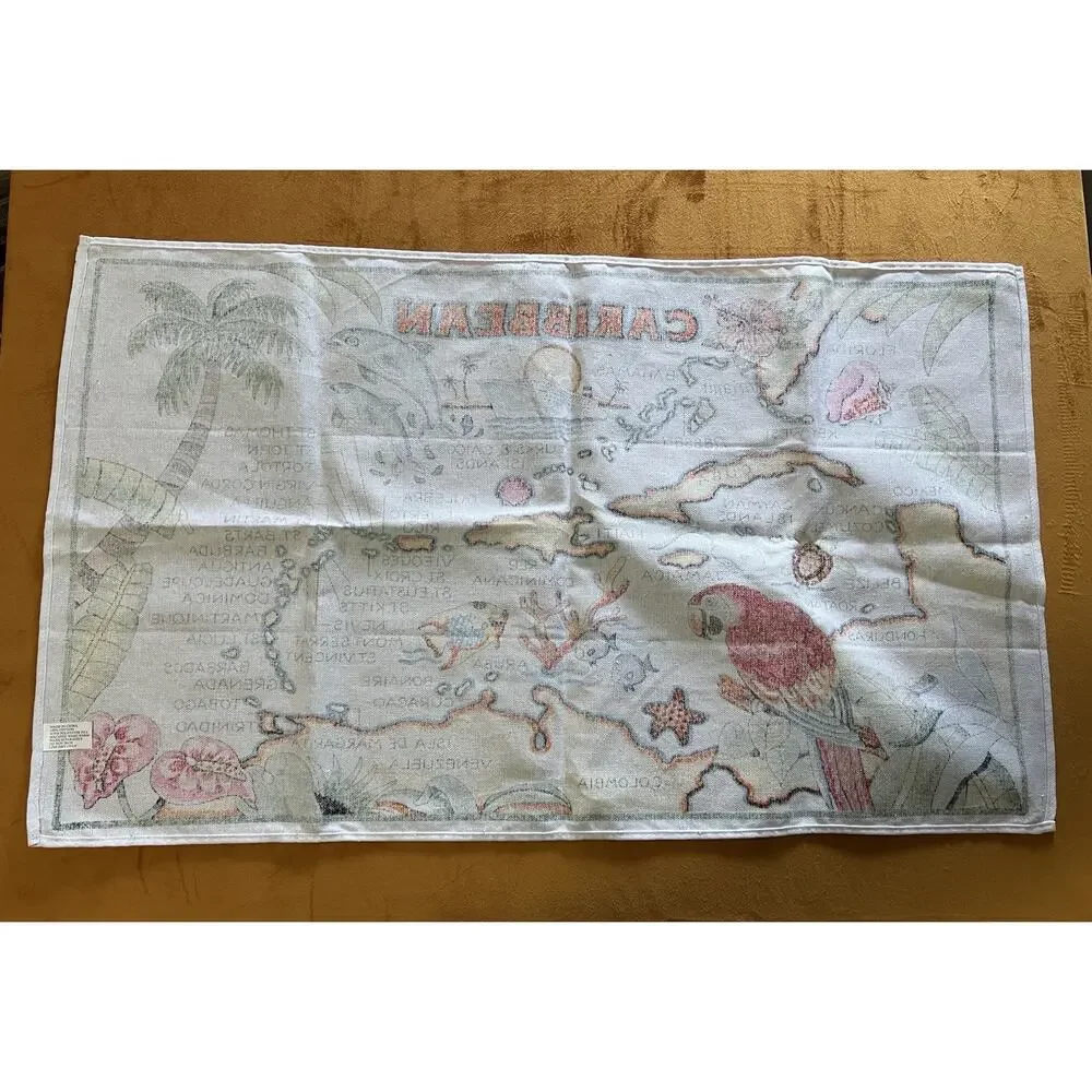 Caribbean Map Souvenir Tea Towel 100% Cotton Tropical Islands Parrot Dolphins